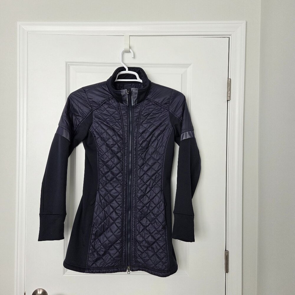 Athleta Long Puffer Coat Navy S Yoga Active Wear-missing inner front panel